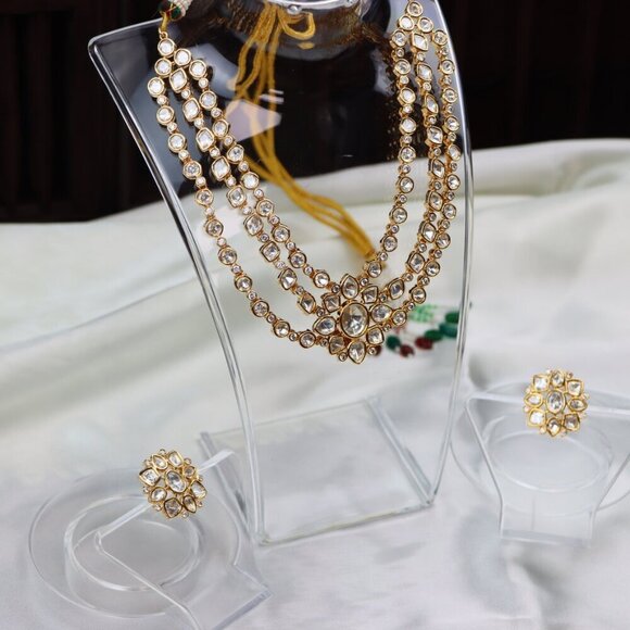 Regal Triple-Layer Kundan Necklace & Earrings Set, JP34 - Picture 6 of 10